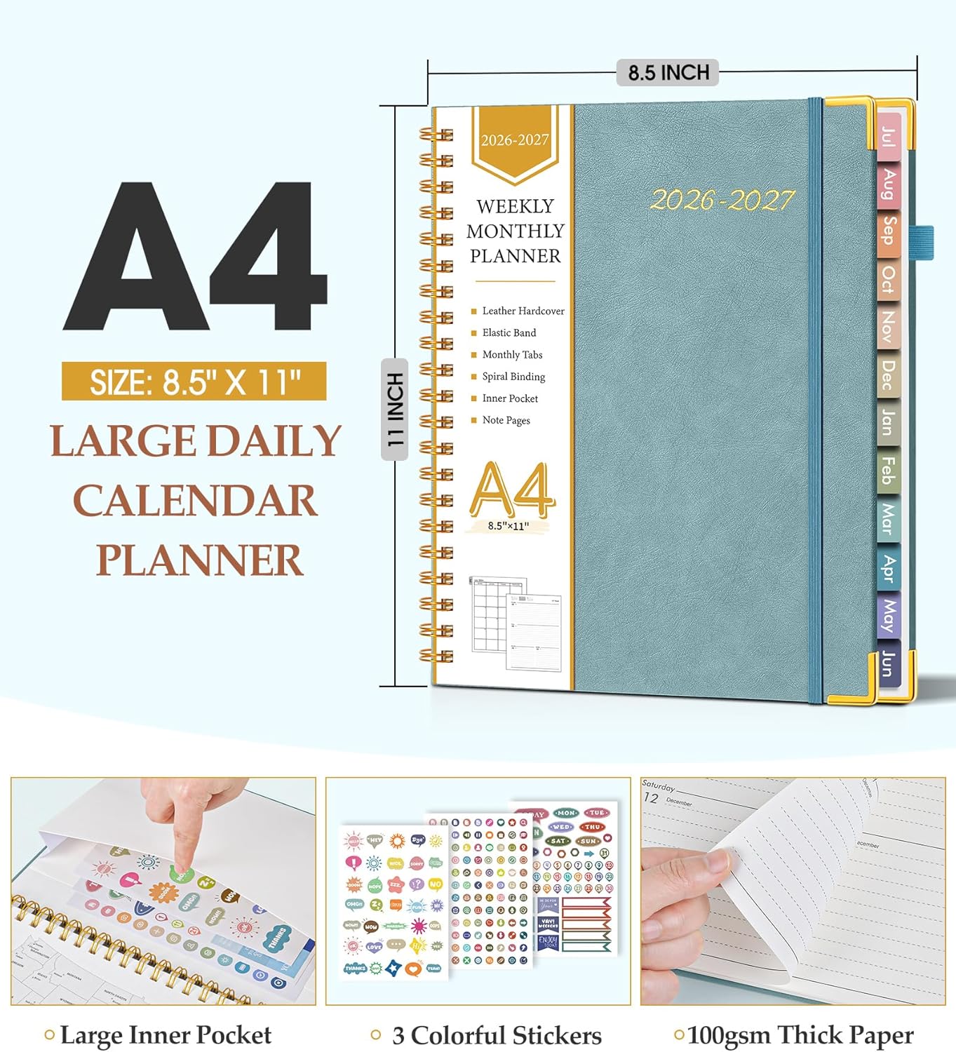 2026 Planner, Weekly and Monthly Calendar Planner from January 2026 - December 2026, 8.5" x 11" Hardcover Leather Hourly Appointment Book with Tabs, Spiral Daily Planners for School Work Home, Green