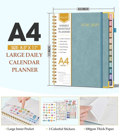 2026 Planner, Weekly and Monthly Calendar Planner from January 2026 - December 2026, 8.5" x 11" Hardcover Leather Hourly Appointment Book with Tabs, Spiral Daily Planners for School Work Home, Green