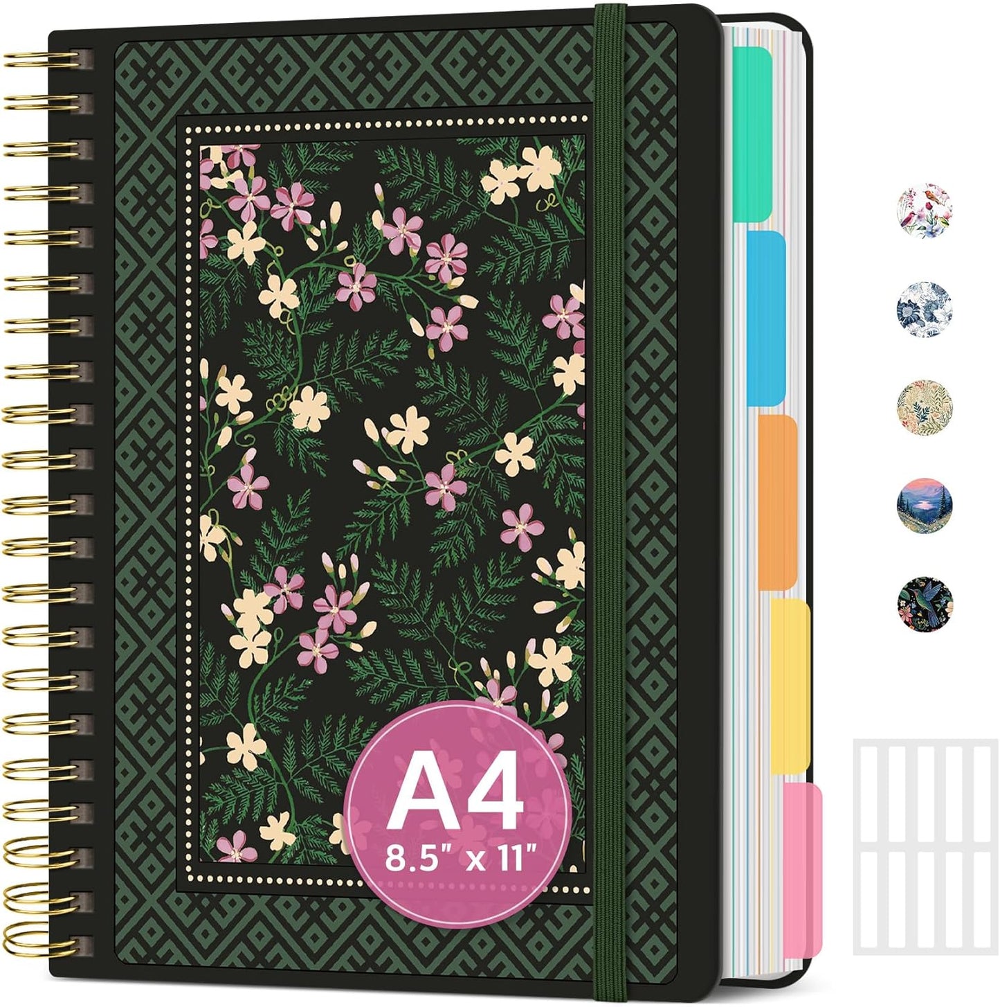 Large Lined Spiral Journal for Women Cute Hardcover 5 Subject Notebook for Work 8.5" x 11" with Removable Dividers & Tabs, College Ruled, 280 Pages Aesthetic Journal for Work, School & Note Taking, Garden of Whimsy