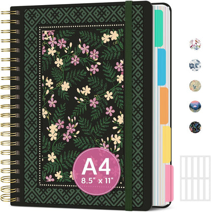 Large Lined Spiral Journal for Women Cute Hardcover 5 Subject Notebook for Work 8.5" x 11" with Removable Dividers & Tabs, College Ruled, 280 Pages Aesthetic Journal for Work, School & Note Taking, Garden of Whimsy
