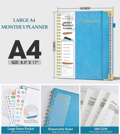 2026 Planner, Weekly and Monthly Calendar Planner from January 2026 - December 2026, 8.5" x 11" Hardcover Leather Hourly Appointment Book with Tabs, Spiral Daily Planners for School Work Home, Green