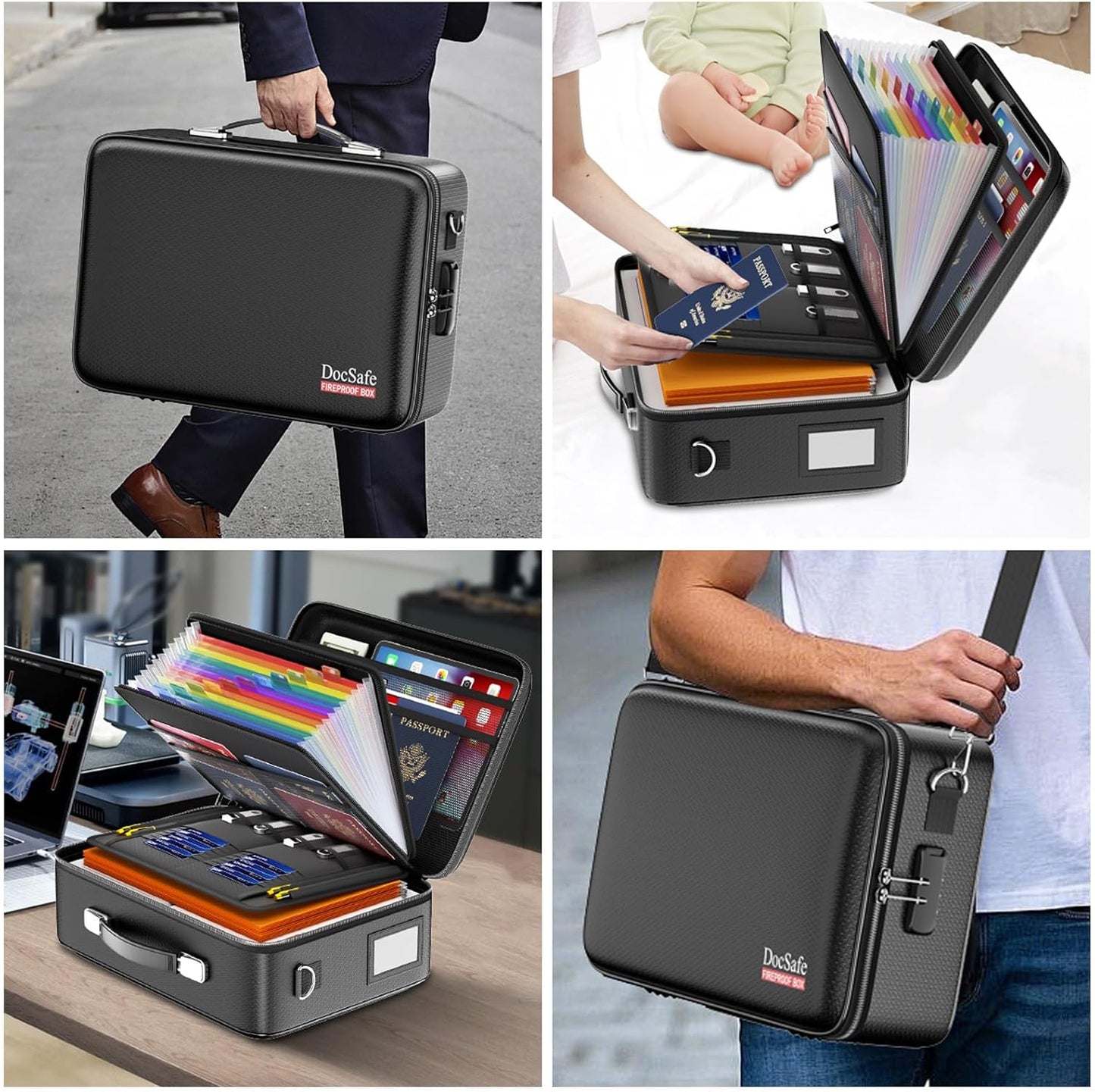 DocSafe Fireproof File Organizer with Lock, Hard-Shell Case Fireproof Document Box with 13 Pocket Accordion File Folder, Portable Home Office Travel Safe Storage for Important Documents Laptop Black