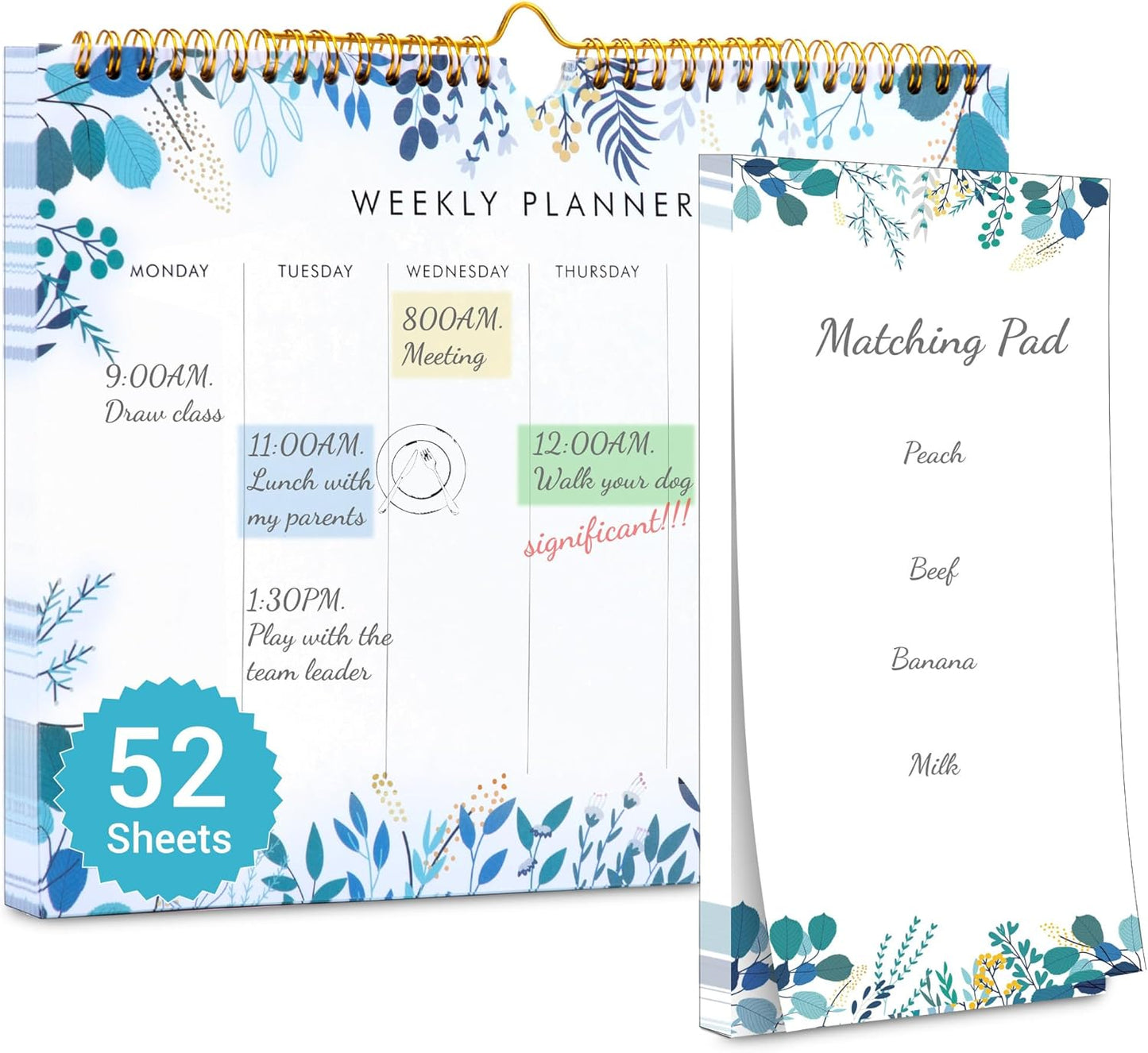 Weekly Planner Notepad Tear Off Set of 2 Weekly Calendar Pad 52 Undated To Do List Notepad Sheets Desk Planner Planning Pads Productivity Tracker for Work Goals Notes Schedule Ideas, Floral Blue