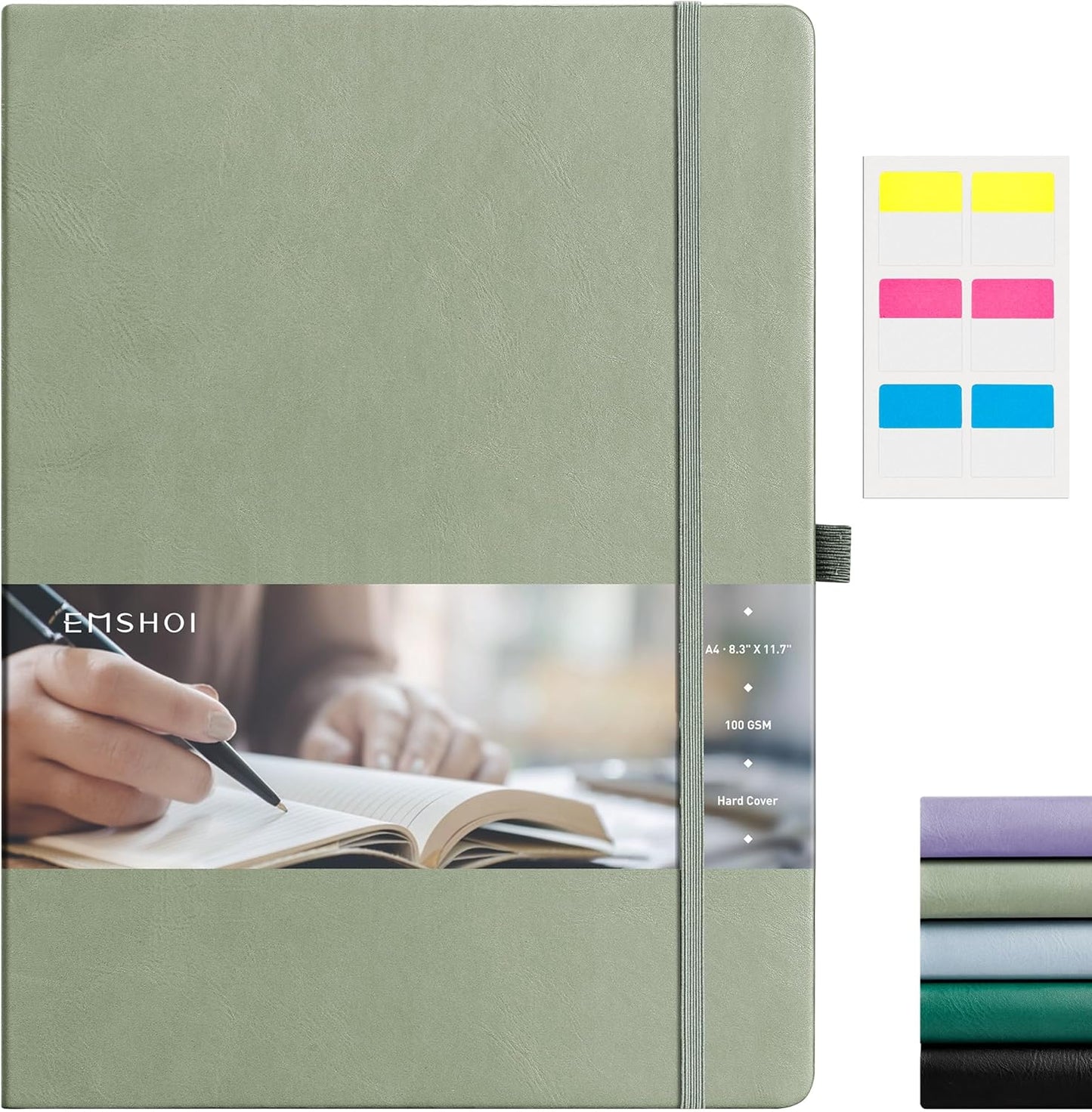EMSHOI A4 College Ruled Notebook, Large 8.3" x 11.7", 192 Pages 100GSM Ink-Proof Faux Leather Hardcover Lay-Flat Lined Journal for Office School Work Writing, Black