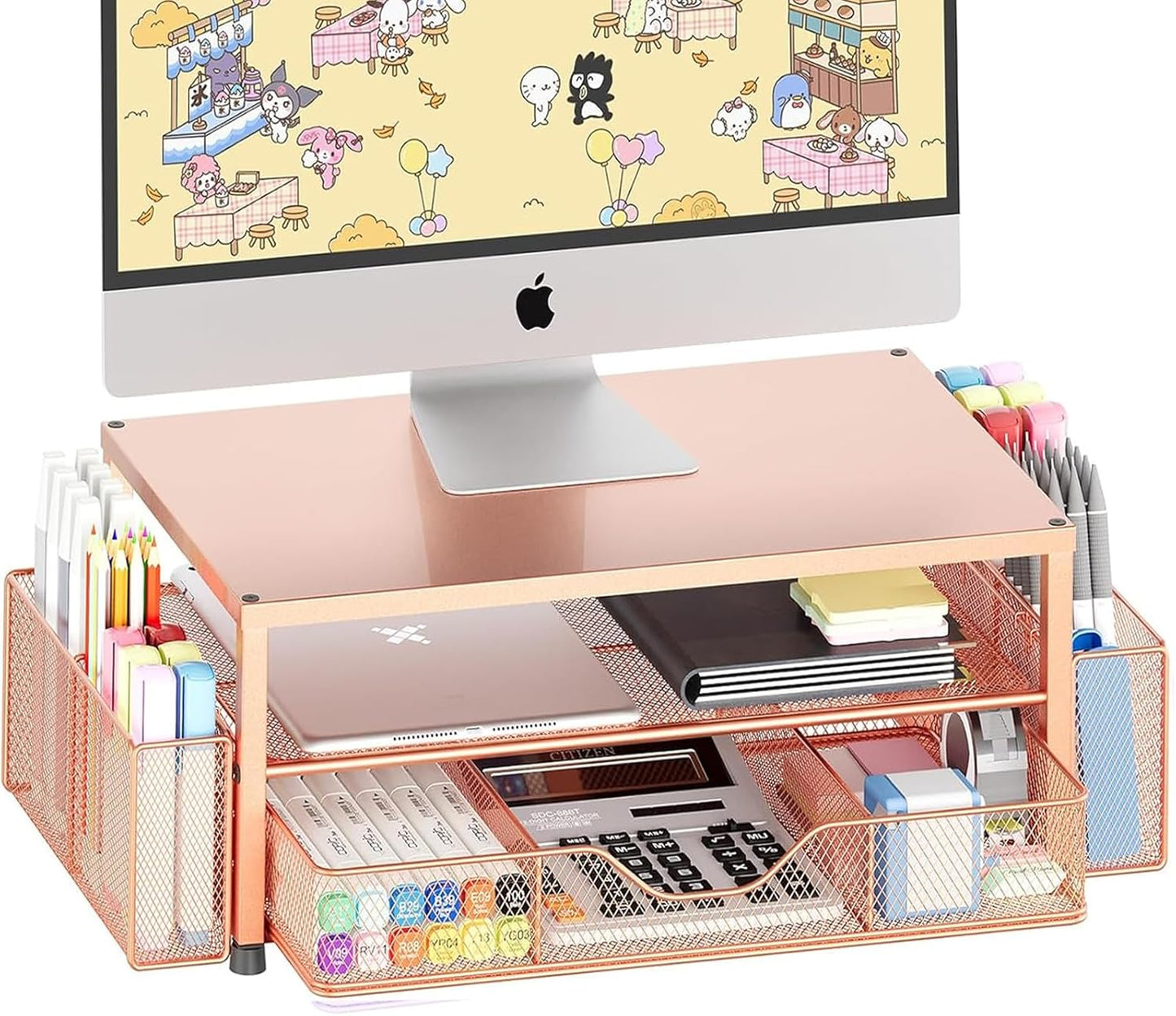 OPNICE Desk Organizer and Accessories, 2-Tier Computer Monitor Stand Riser with Drawer and 2 Pen Holders, Laptop Stand, Office Desk Accessories for Office Supplies, Black