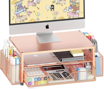 OPNICE Desk Organizer and Accessories, 2-Tier Computer Monitor Stand Riser with Drawer and 2 Pen Holders, Laptop Stand, Office Desk Accessories for Office Supplies, Black