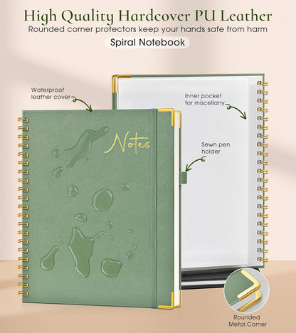 Hardcover Spiral Notebook Journal 8.5” x 11”, A4 Large Leather Notebooks for Women Men, Lined College Ruled Notebook, 50 Sheets/100 Pages, Spiral Bound Journals for Work School Note Taking, Green
