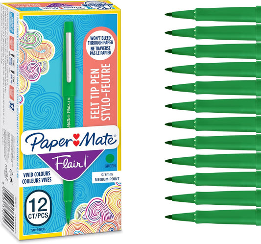 Paper Mate Flair Felt Tip Pens | Medium Point (0.7 mm) Marker Pens | Green Pens | for Writing, Marking, Drawing & Sketching | 12 Count