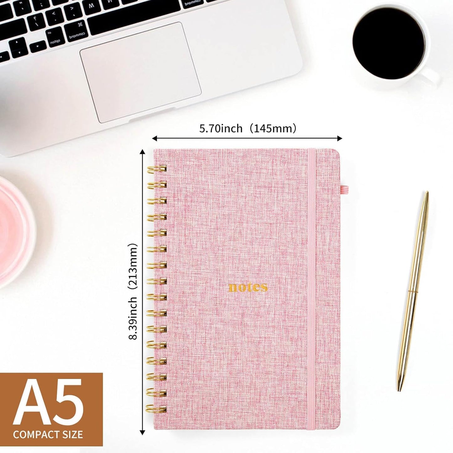 A5 Top Spiral Notebook – Hardcover Journal 160 Pages 100 GSM Thick Paper With Elastic Band & Pen Holder Steno Pads College Ruled Writing Notebooks for Work School Travel Pink