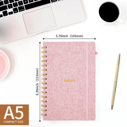 A5 Top Spiral Notebook – Hardcover Journal 160 Pages 100 GSM Thick Paper With Elastic Band & Pen Holder Steno Pads College Ruled Writing Notebooks for Work School Travel Pink