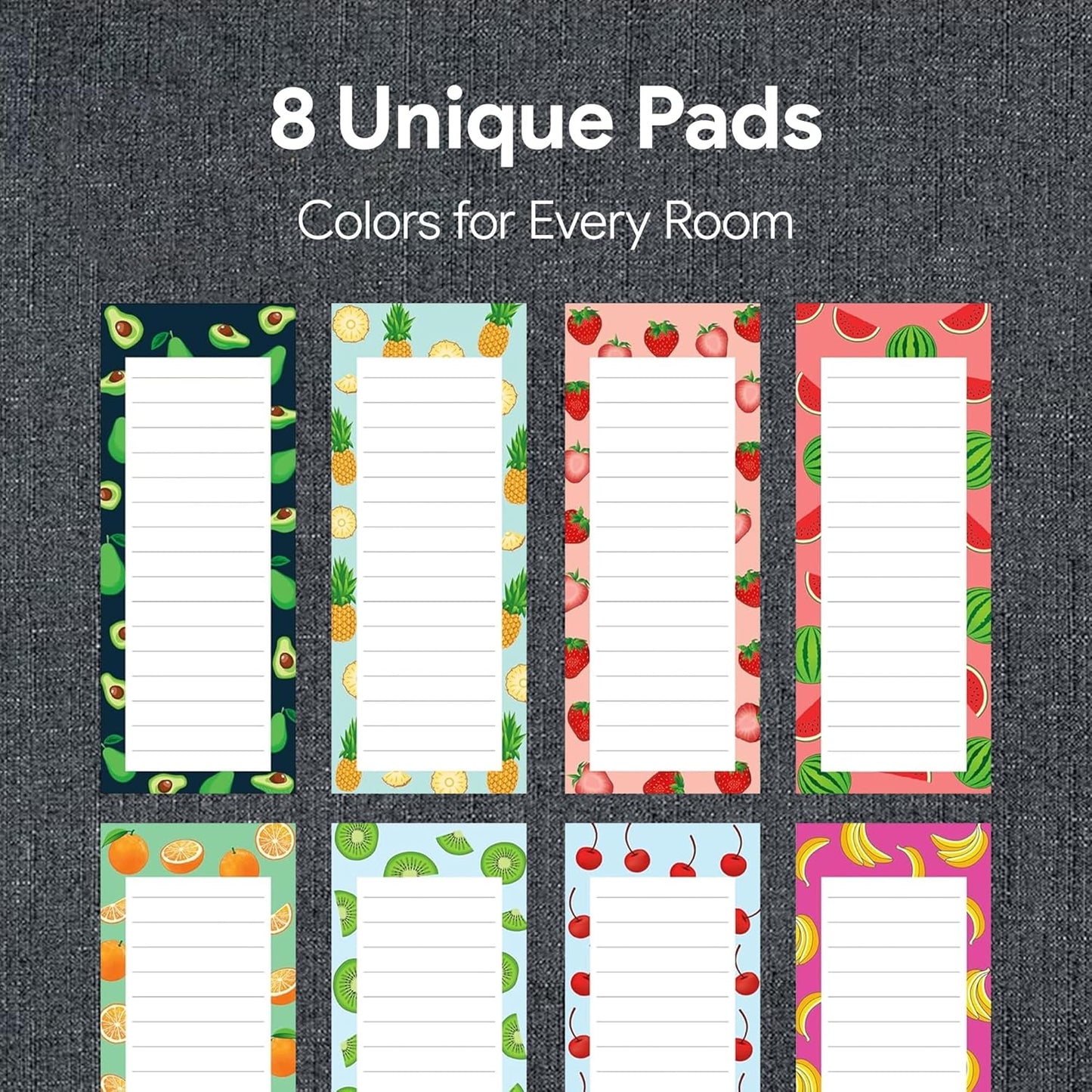 8 Magnetic Notepads – Notepads for Grocery List, Shopping List, To-Do List, Reminders -Strong Magnetic Back- Memo Notepad with Realistic Fruit Designs | 25 Sheets per Pad 7.5 x 3.5 inch (8 Pack)