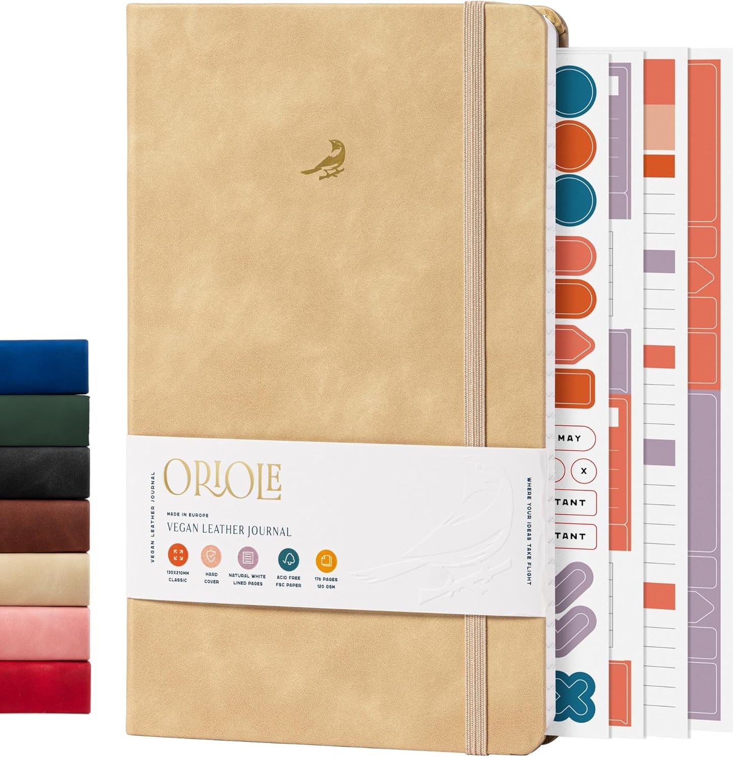 Oriole Vegan Leather Ruled Notebook - Chestnut Brown | 176 Pages of Thick Lined Paper | Soft Touch Hardcover Journal (5 x 8 in) with Gold Foil Bird Design & Luxury Gift Box