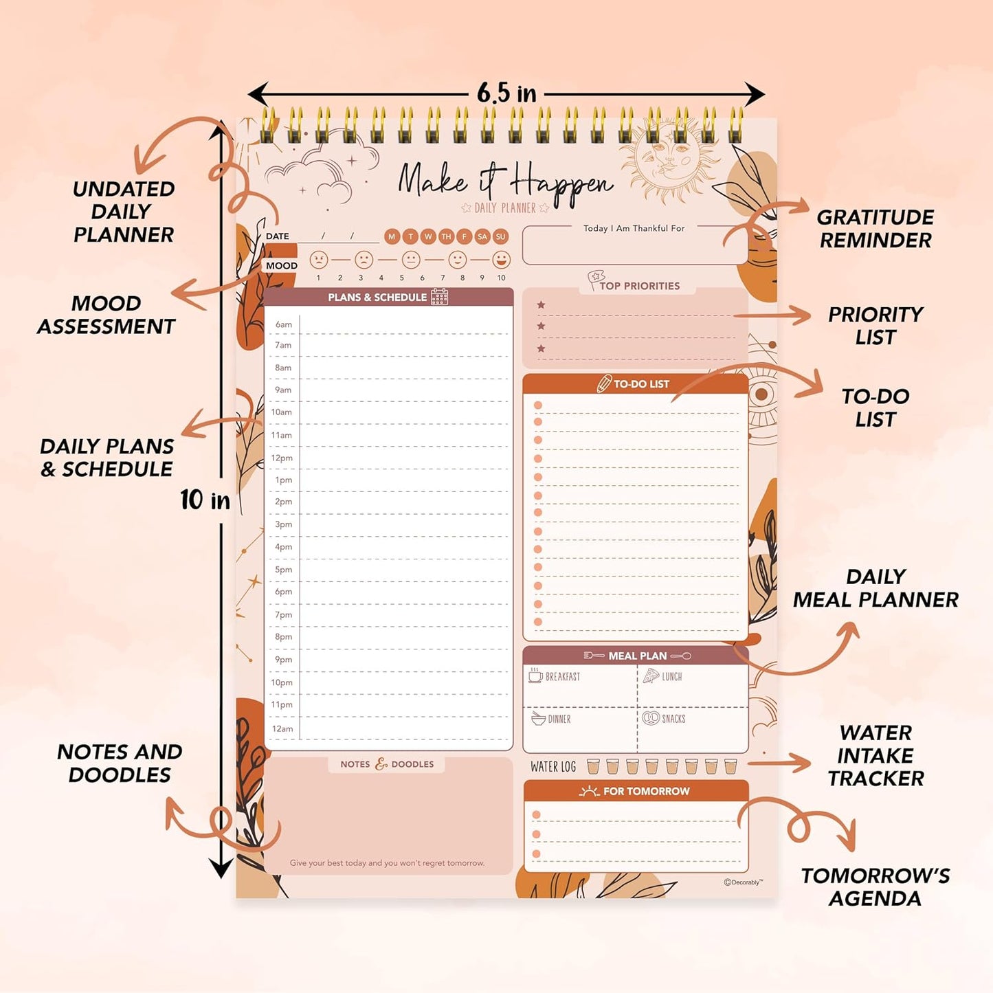 Decorably 52 Sheets Boho Celestial Undated Daily to Do List Notepad - 6.5x10" Spring-Bound Planner, Easy Tear-Off, for Schedule, Priorities, Agenda, Water Intake, Meals, Notes & Doodles - Home, Office