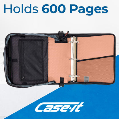 Case-it Mighty Zip Tab School Zipper Binder | 3-Inch O-Rings, 600-Sheet Capacity, 5-Subject Expanding File Folder, Multiple Pockets & Storage Organizer, Shoulder Strap | D-146 Jet Black