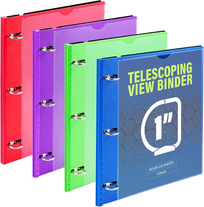 WOT I 1 Inch Telescoping 3 Ring Binder 4 Pack, Expandable Flexible Binder with Customizable Front Cover & Clear Catalog Pocket, Holds 225 Sheets, School Office Supplies, White
