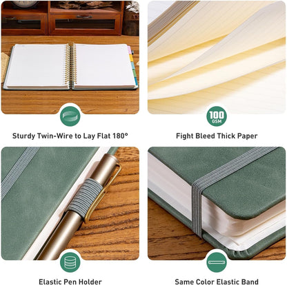 Ovesmusl Hardcover Spiral Notebook 8.5" x 11" with 5 Removable Dividers 300 Pages Leather 5 Subject Notebook College Ruled 100GSM Large Spiral Notebooks for Work Thick Lined Journal for Women, Green