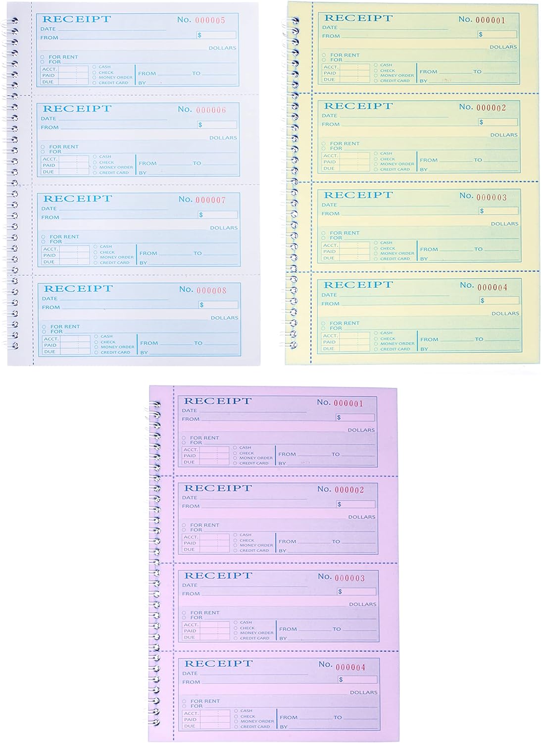 Receipt Books with Carbon Copies,Money and Rent Receipt Book,3-Part Carbonless,5.31" x 11.22",Receipt Book for Small Business,Blue,Yellow and Pink Copy,100 Sets Per Book
