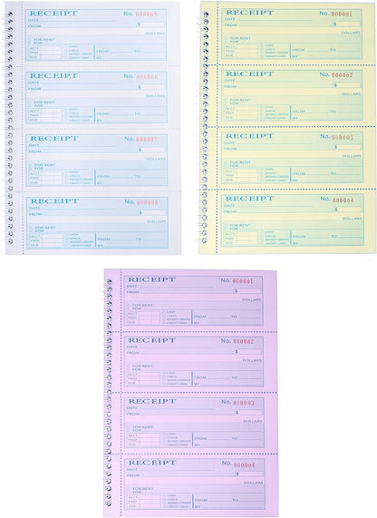 Receipt Books with Carbon Copies,Money and Rent Receipt Book,3-Part Carbonless,5.31" x 11.22",Receipt Book for Small Business,Blue,Yellow and Pink Copy,100 Sets Per Book