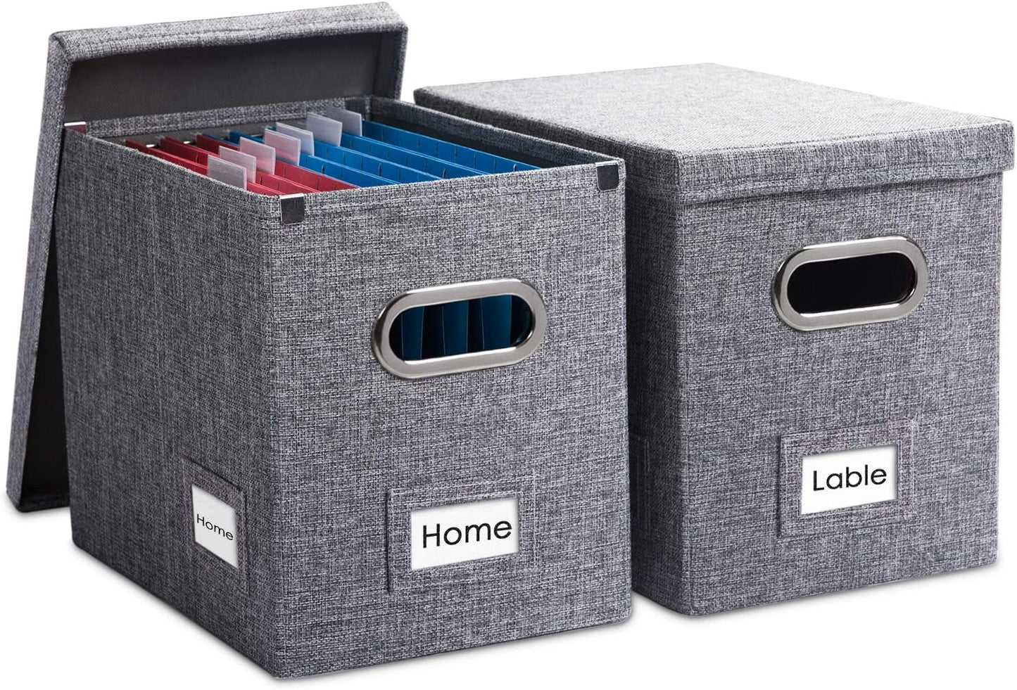 PRANDOM File Organizer Box - Collapsible Decorative Linen Filing Storage with Lids for Letter Size - Grey (14x9.3x10.8 inch)