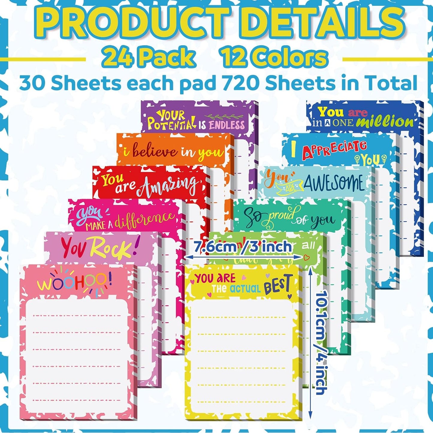 Yinder 24 Pack Inspirational Sticky Notes Motivational Notepads Appreciation Sticky Notes Funny Memo Pads Positive Note Bulk 3 x 4 Gift for Women Nurse Teacher Office Supplies(Black,Inspirational)