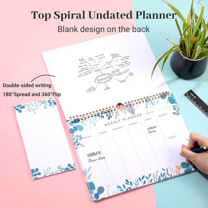 Weekly Planner Notepad Tear Off Set of 2 Weekly Calendar Pad 52 Undated To Do List Notepad Sheets Desk Planner Planning Pads Productivity Tracker for Work Goals Notes Schedule Ideas, Floral Blue