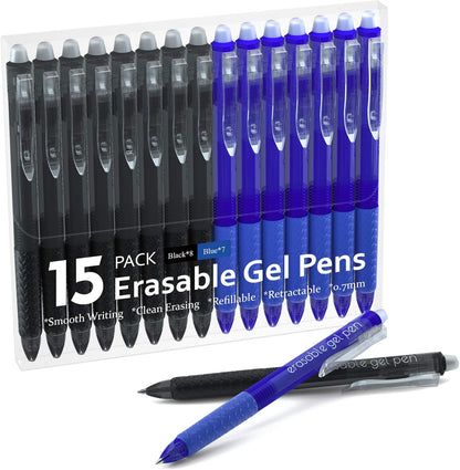 Erasable Gel Pens, 15 Pack Black Retractable Erasable Pens Clicker, Fine Point, Make Mistakes Disappear, Black Inks for Writing Planner and Crossword Puzzles…