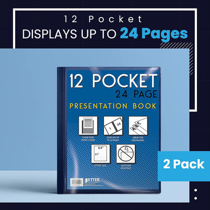 Better Office Products 12 Pocket Bound Presentation Book, Blue with Clear View Front Cover, 24 Sheet Protector Pages, 8.5" x 11" Sheets, Art Portfolio, Durable Poly Covers, Letter Size, Blue