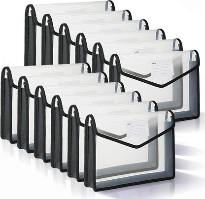 12 Pack Plastic Expanding File Folder, Folders for Documents with Snap Closure, Transparent Accordion File Pouch, A4 Letter Size Transparent Envelopes with Snap Closure (Black)