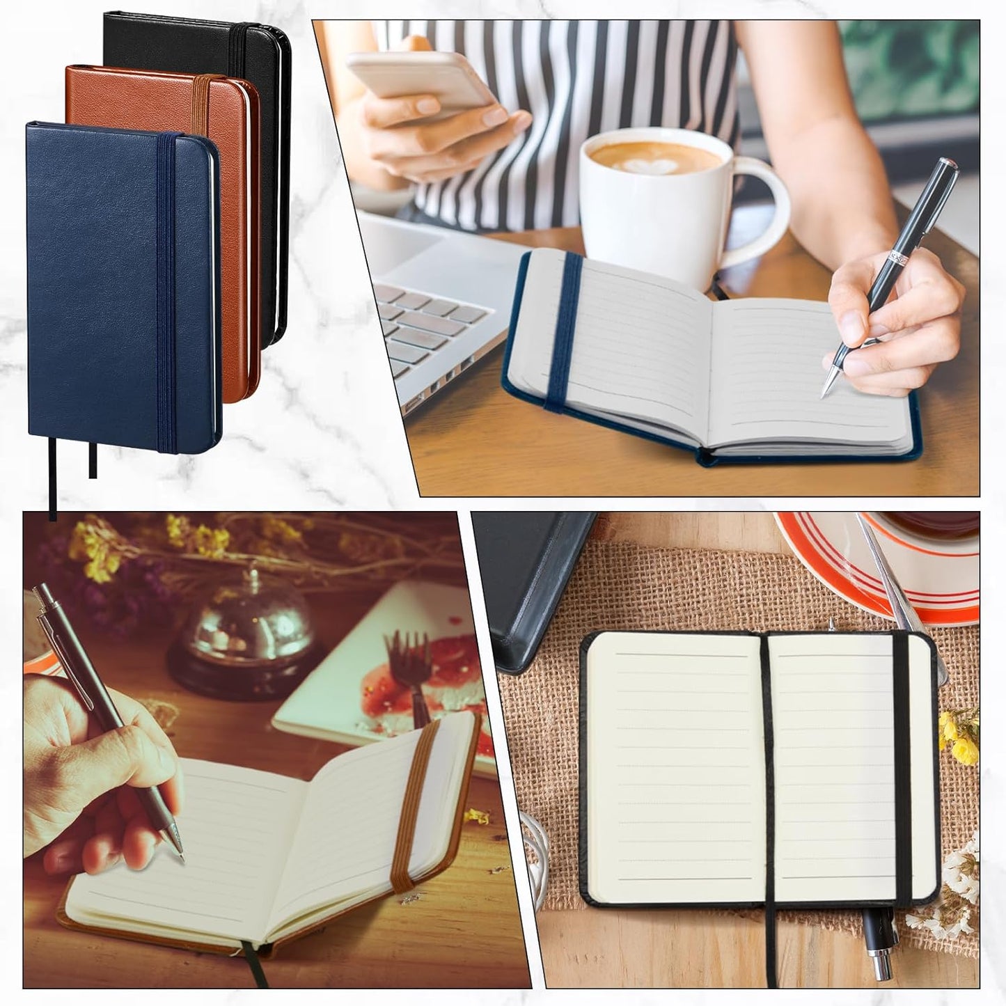 Qeeenar 10 Pcs Mini Black Brown Blue Leather Pocket Notebook Bulk, 4 x 2.5 Inch Small Journal Note Book, 50 Sheets Hardcover Tiny Notepad Lined for Office Home School Writing Supplies