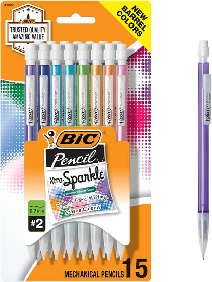 BIC Xtra-Sparkle Number 2 Mechanical Pencils With Erasers, Medium Point (0.7mm), 15-Count Pack, Cute Mechanical Pencils for Girls, Boys and Adults
