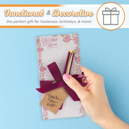 Christian Art Gifts Compact Magnetic Notepad & Medium Ballpoint Pen Set: Trust in the Lord Inspirational Scripture, Shopping Lists, Memos, Reminders, 70 Lined Easy Tear-off Sheets, Purple/Teal Floral