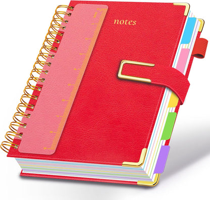 Hardcover Spiral Notebook College Ruled, 8"x10" Leather Journal Notebook with Magnetic Closure, 300 Pages 5 Subject Notebook with Dividers Tabs Journal for Women Men, Work, School(Rose Red)