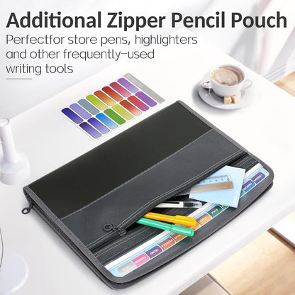 Sooez Accordion File Organizer with Safe Zipper, 12 Pocket Expanding File Folder with Front Pencil Pouch, Portable Monthly Paper Bill Tax Receipt Organizer, School Office Supplies, Letter Size, Grey