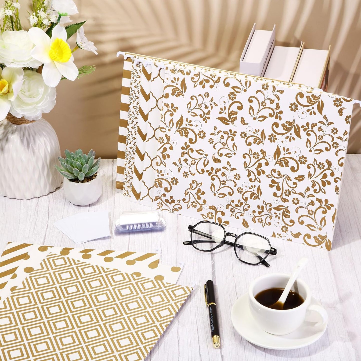 Estune 32 Pcs Decorative Hanging File Folders Letter Size Cabinet File Folders Organizers with 1/5 Cut Adjustable Tabs for Office Desk School Filing Cabinet Home(Gold Stripe)