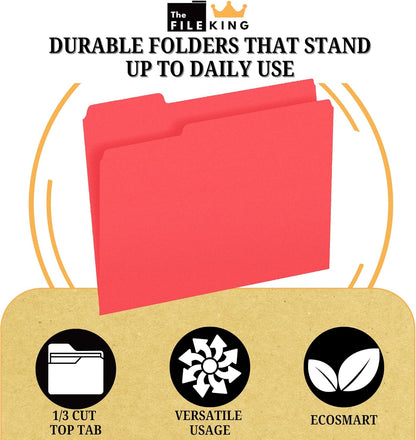 The File King 1/3 Cut File Folders Letter Size - 100 Pack | Manilla Folders 8.5 x 11 | Assorted 3 Tabs | Heavy Duty 11-Point Fiber | Made in USA | Undercut Front Style | Easy Labeling & Organization