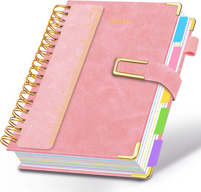Hardcover Spiral Notebook College Ruled, 8"x10" Leather Journal Notebook with Magnetic Closure, 300 Pages 5 Subject Notebook with Dividers Tabs Journal for Women Men, Work, School(Rose Red)