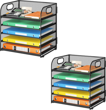 Lavatino 5 Tray Desk File Organizer, Black Mesh Paper Sorter Letter Tray Organizer with Handle, Desktop File Organizer and Storage for Letter/A4 Office File Folder