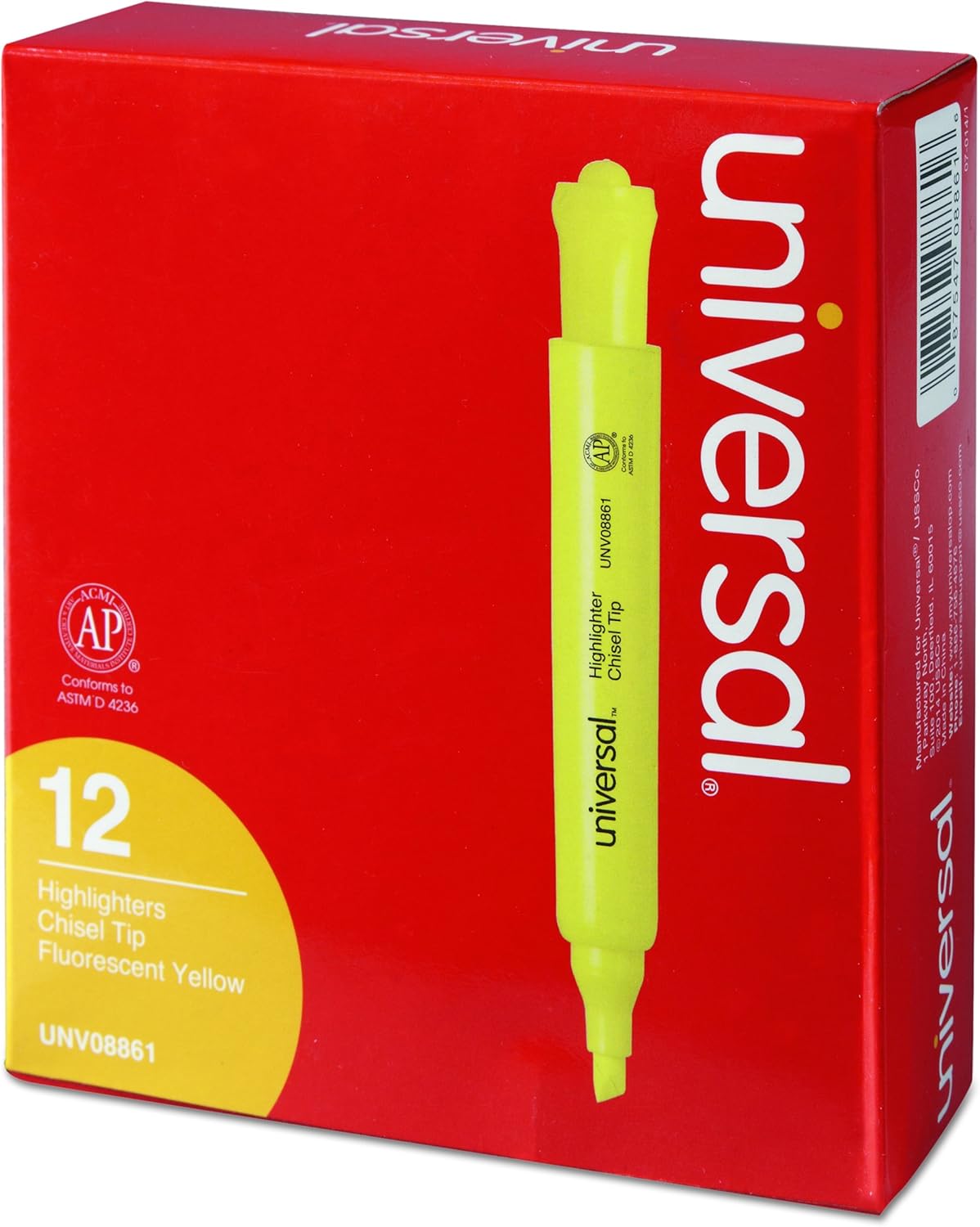 Universal 08861 Desk Highlighter, Chisel Tip, Fluorescent Yellow (Pack of 12)
