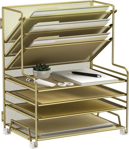 MINDEPOT 4-Tier Paper Organizer + 3-Pocket File Holder + Drawer + Pen Holders, Desktop File Organizers Paper Tray for Office Supplies School Classroom Organization (Black, No Drawer & Pen Holder)
