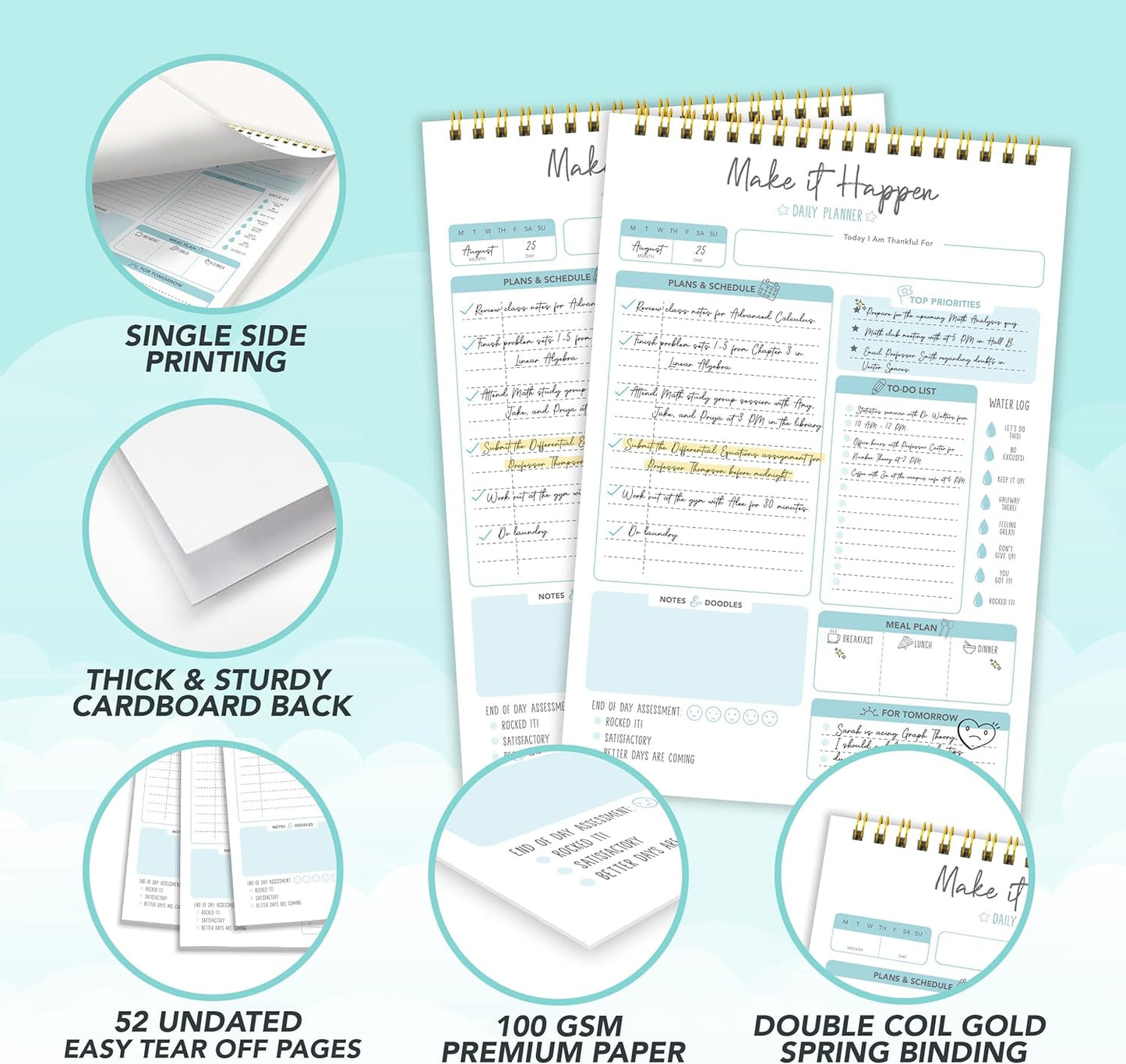 Decorably 52 Sheets Boho Celestial Undated Daily to Do List Notepad - 6.5x10" Spring-Bound Planner, Easy Tear-Off, for Schedule, Priorities, Agenda, Water Intake, Meals, Notes & Doodles - Home, Office
