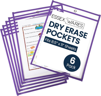 Essex Wares - 6 Pack, Assorted, Dry Erase Pocket Document Protectors, 10" Wide x 13.5" Tall- Dry Erase Clear Plastic Sleeves - Reusable & Easy Erase Plastic Invoice Holders, Water-Resistant & Durable