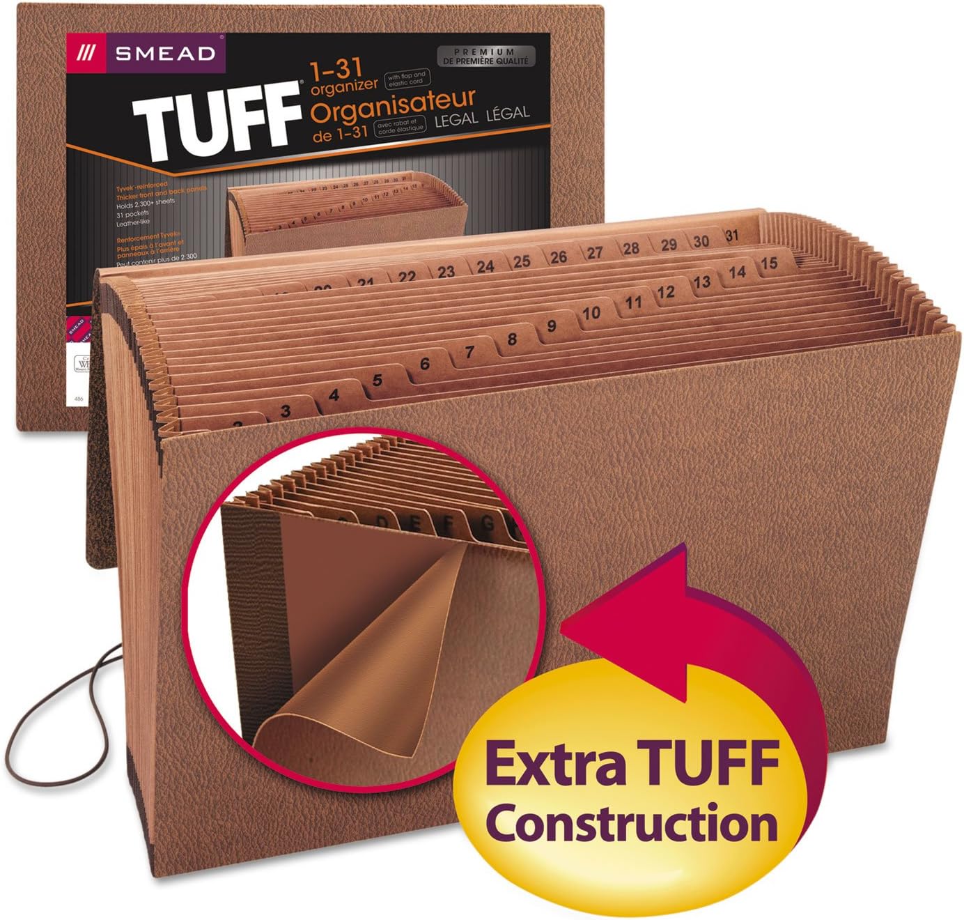 Smead TUFF Expanding File, 21 Pockets, Alphabetic (A-Z), Flap and Cord Closure, Legal Size, Redrope (70320), Pack of 1