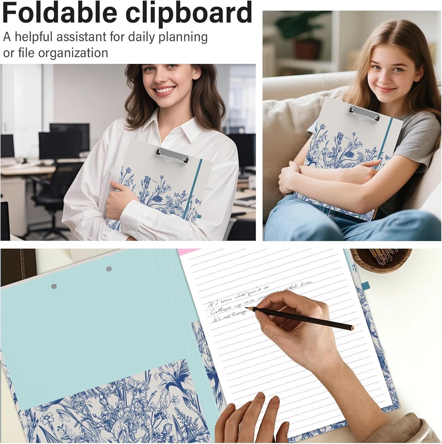 A4 Cute Clipboard Folio with Notepad Clipfolio and Interior Storage, Foldable Nursing Legal Size Clipboards for Work/Kids/Teachers - Almond Tree