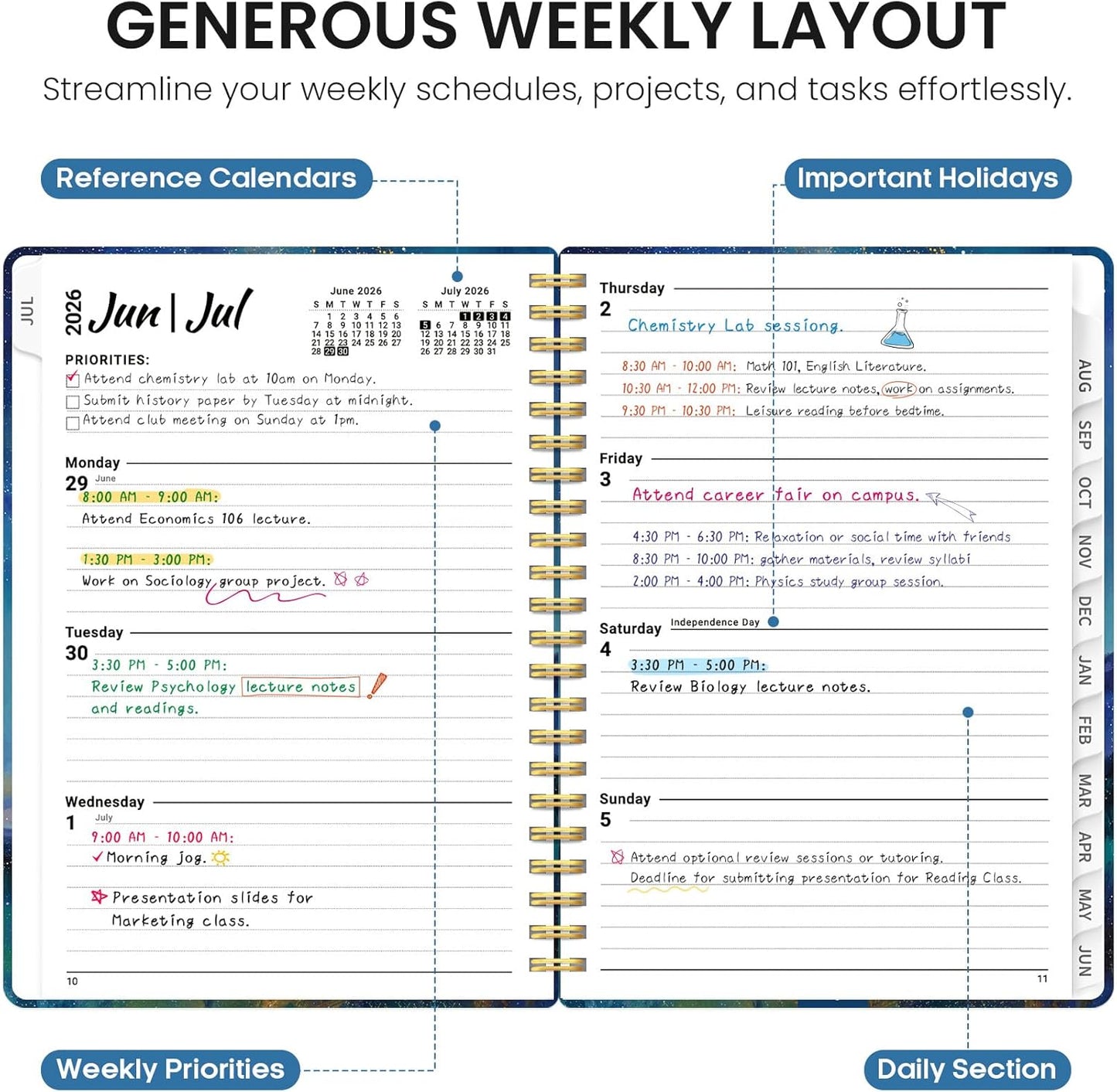 Planner 2026-2027, Academic Year Monthly and Weekly Calendar Planner, Jul 2026 - Jun 2027, Hardcover Teacher Student Planning Agenda book with Tabs, Perfect for School Office Supplies, 6.3" x 8.5" - Wildflowers
