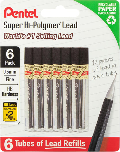 Pentel Super Hi-Polymer Lead Refills, 0.5 mm, 2H, 72 Pieces (12 pcs per tube, 6 tubes)