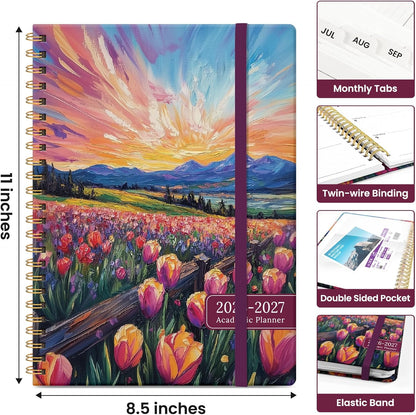 Planner 2026-2027, Academic Year Monthly and Weekly Calendar Planner, Jul 2026 - Jun 2027, Hardcover Teacher Student Planning Agenda book with Tabs, Perfect for School Office Supplies, 6.3" x 8.5" - Wildflowers