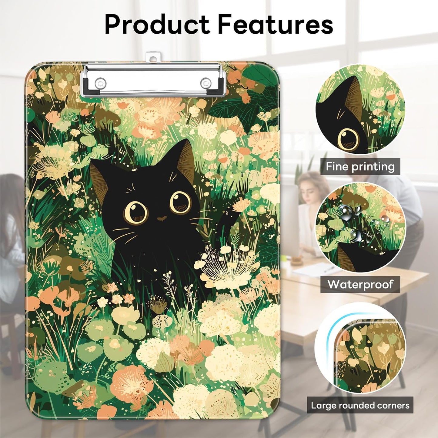 Plastic Cute Clipboard Low-Profile Metal Clip, A4 Letter Size 9 x 12.5 in, 8.5 x 11 Paper Clip Board for Teachers, Nurses, Classroom,Cute Black Cats
