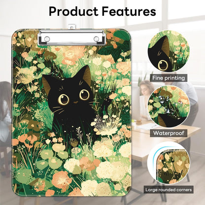 Plastic Cute Clipboard Low-Profile Metal Clip, A4 Letter Size 9 x 12.5 in, 8.5 x 11 Paper Clip Board for Teachers, Nurses, Classroom,Cute Black Cats