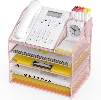 Letter Tray Paper, 4 Tier Desk Organizer with Pen Holder and Handle Mesh File Organizer Paper Sorter Metal Desktop Document Shelf for Office Home Classroom -Black