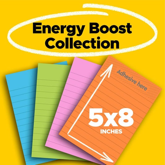 Post-it Super Sticky Lined Notes, 4 Sticky Note Pads, 5 x 8 in., School Supplies, Office Products, Sticky Notes for Vertical Surfaces, Monitors, Walls and Windows, Energy Boost Collection
